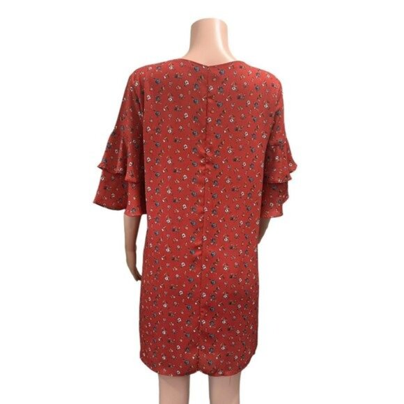 She + Sky Women SZ Large Maroon Floral Multi Mini Dress-Bell Sleeve-Pullover - Picture 9 of 13